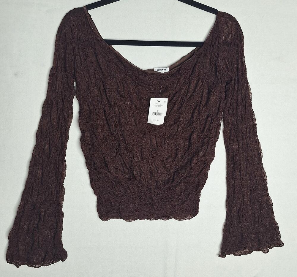 NWT Cotton:On Sheer Lace Mesh Top Sz S Brown Flare Sleeve Fairy Boho Whimsygoth